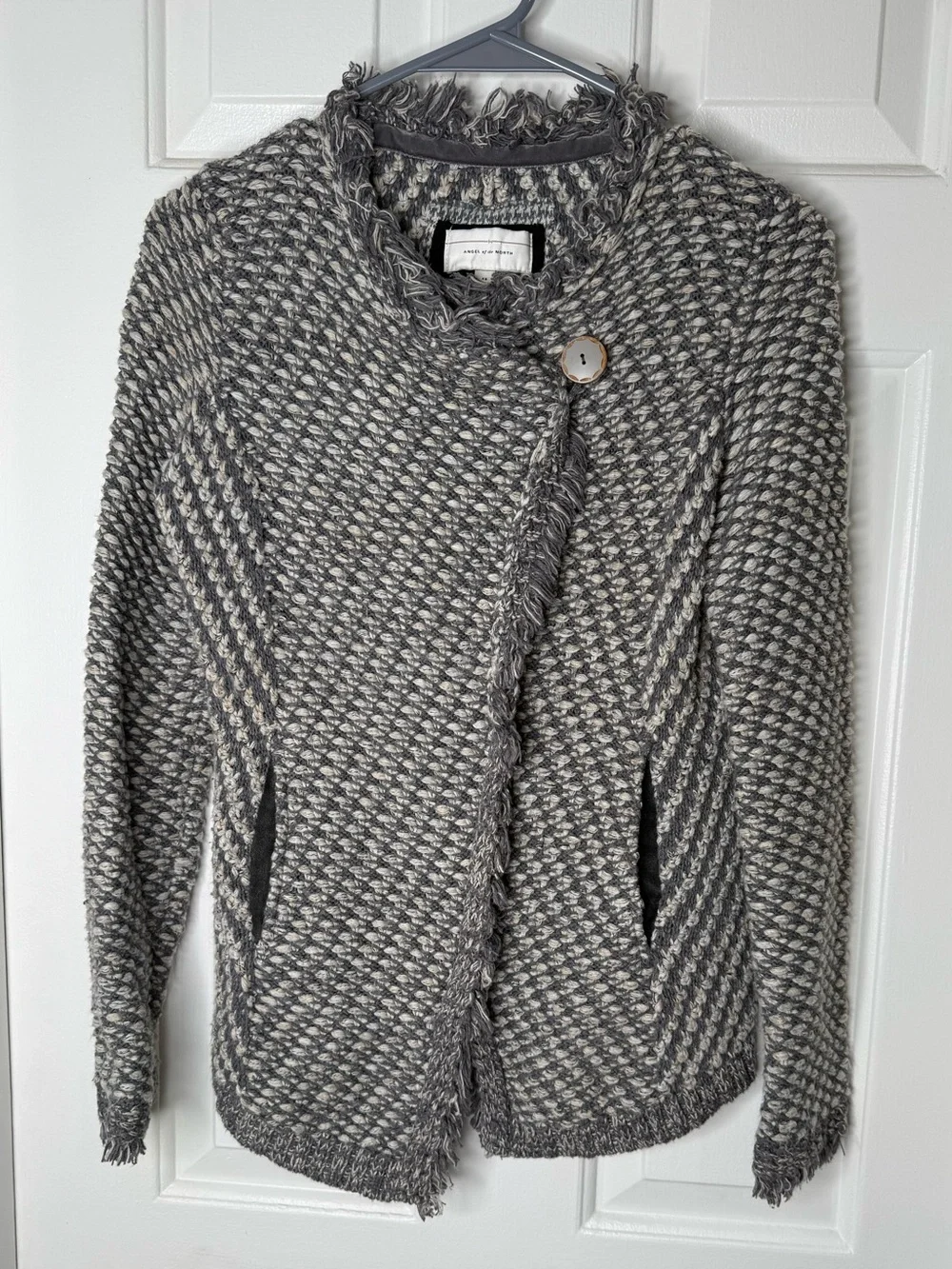 Angel Of The North Gray and Cream Fringe Knit Cardigan